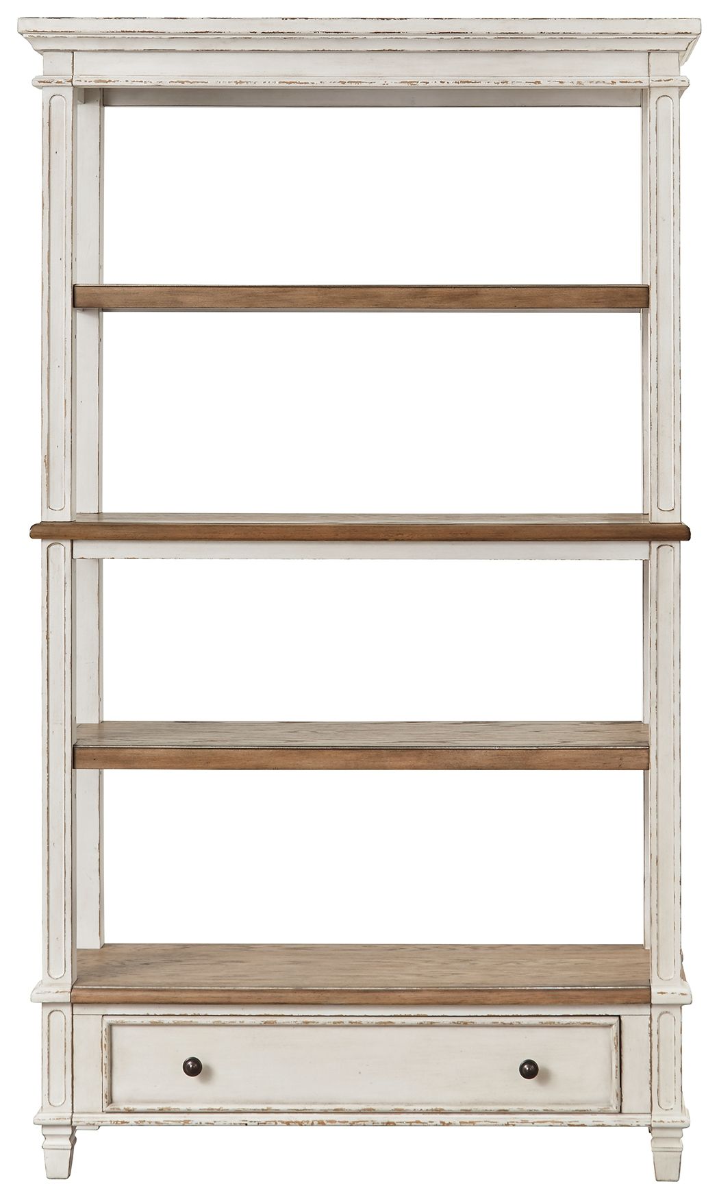 Brown and white wood bookcase with three open shelves and a lower drawer.