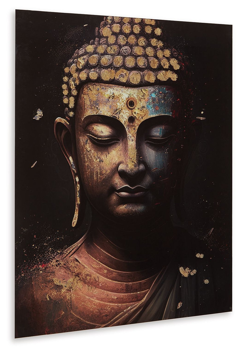 Black and gold Buddha face wall art print, front view