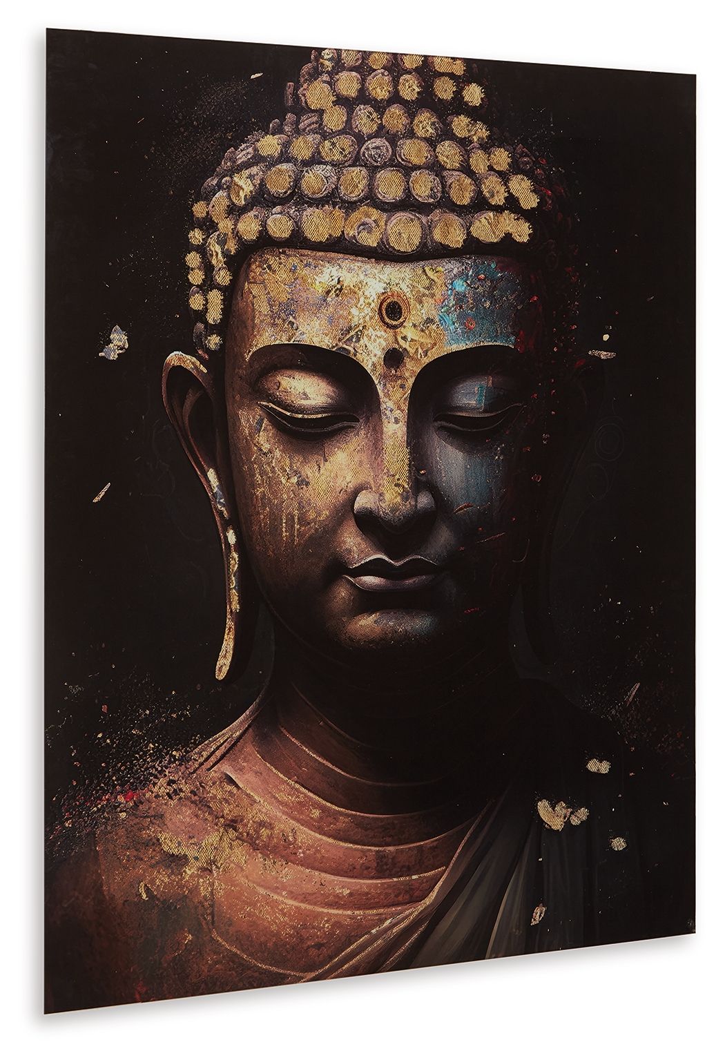 Black and gold Buddha face wall art print, front view