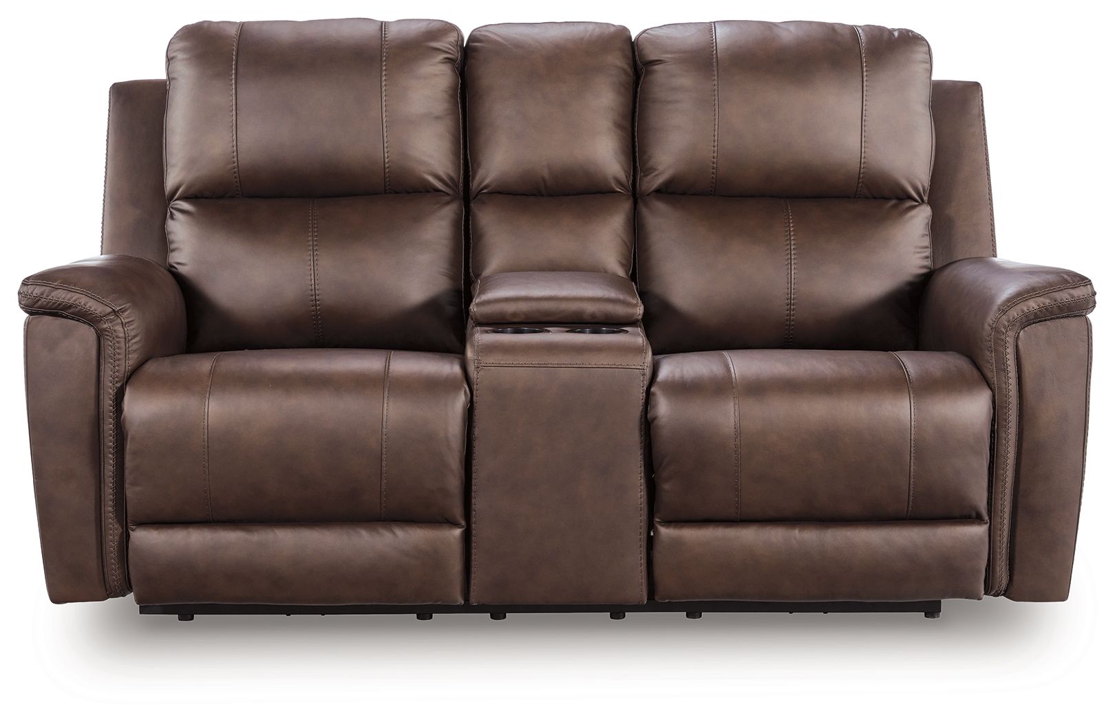 Power reclining loveseat with console, dark brown leather-look upholstery and tufted back