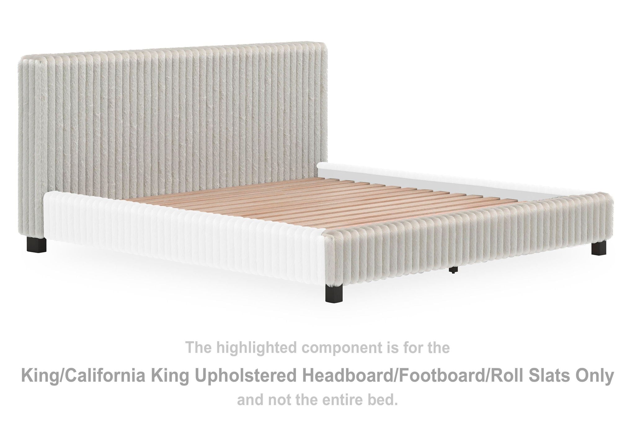 Gray upholstered headboard and footboard with vertical roll slats and black legs