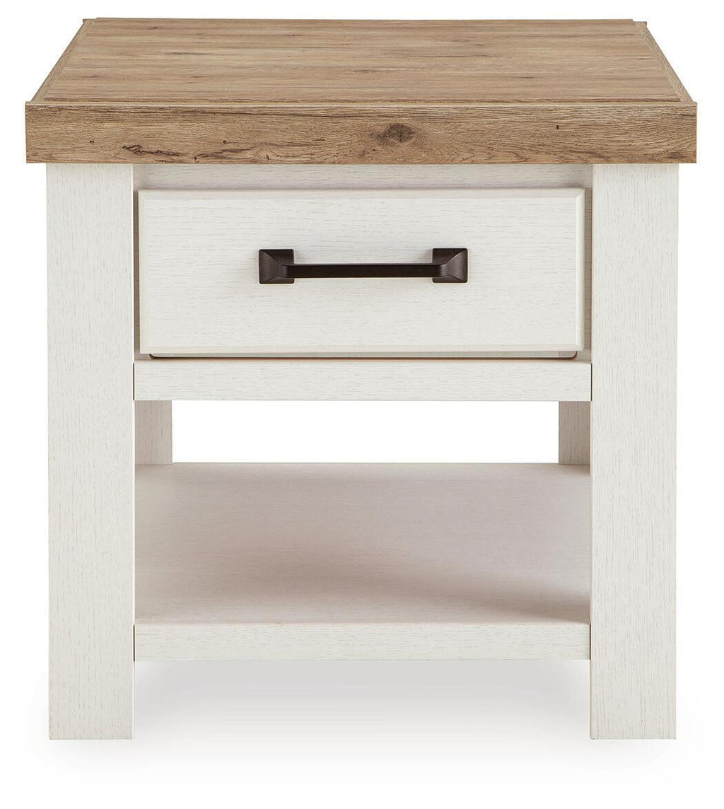 White side table with wood top, single drawer and open lower shelf, dark bar pull.