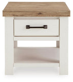 White side table with wood top, single drawer and open lower shelf, dark bar pull.