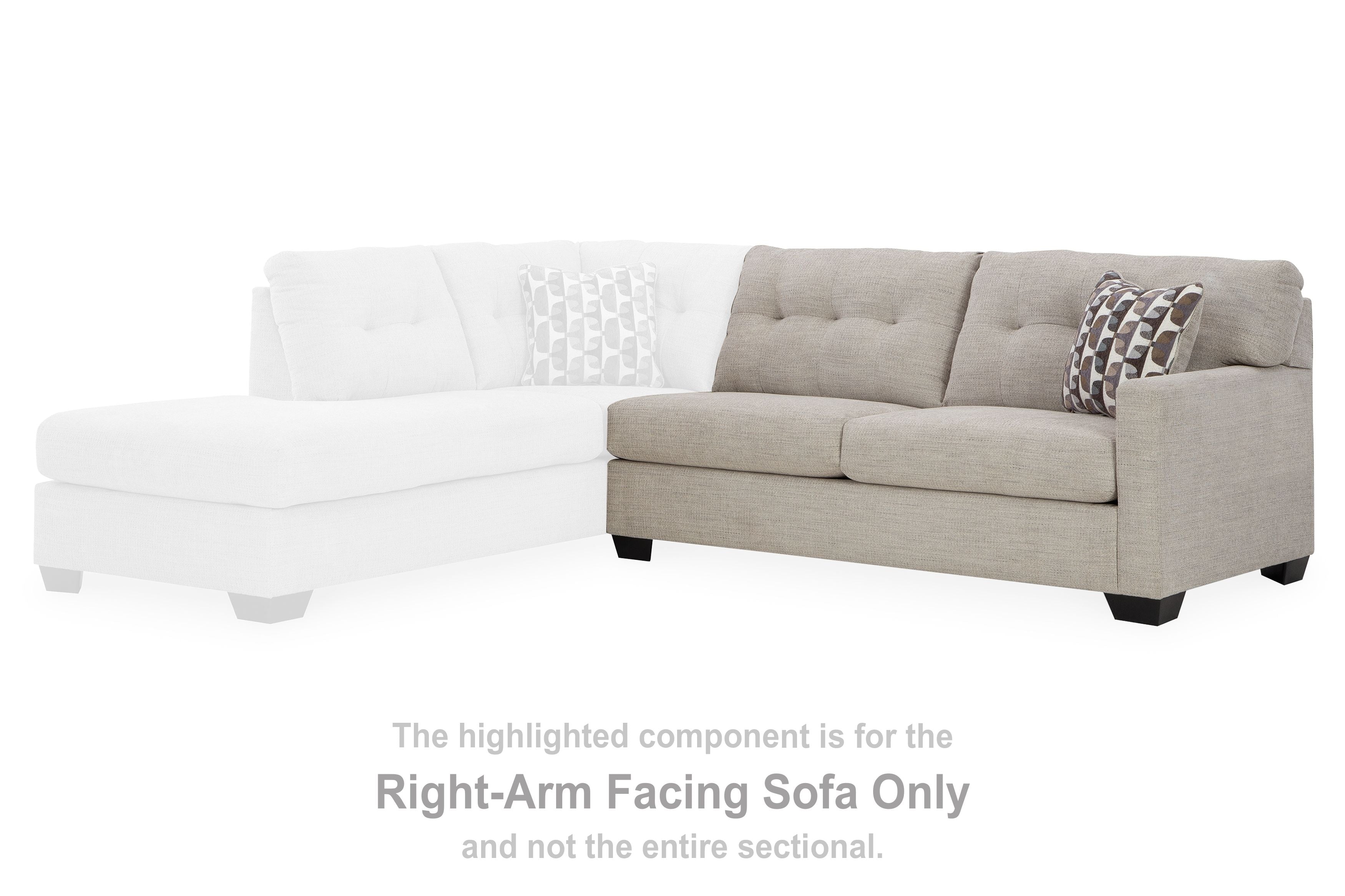 Right-arm facing sectional sofa section in light-gray fabric with cushions and black feet