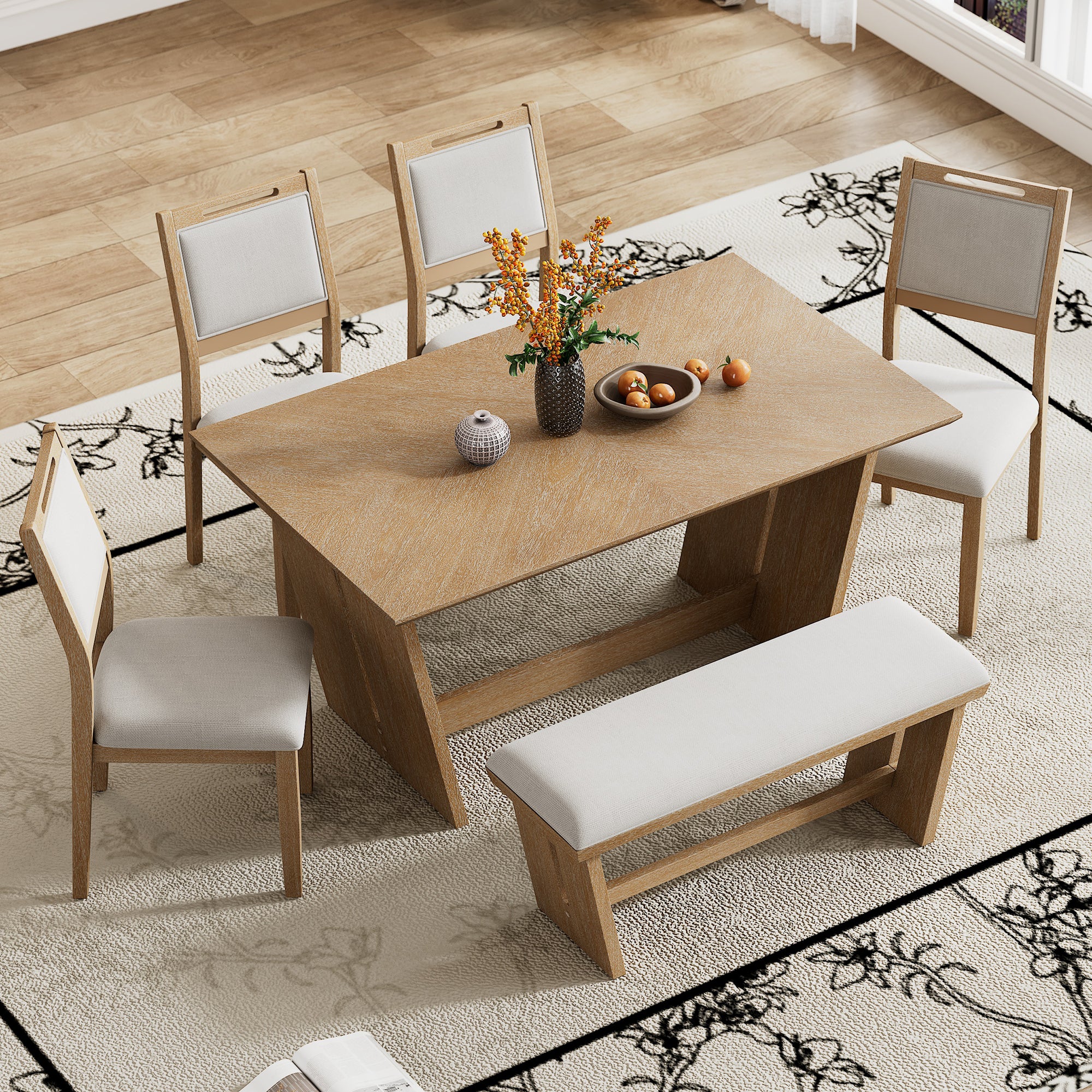 6-Pc Retro Dining Set w/ Bench - Natural Wood