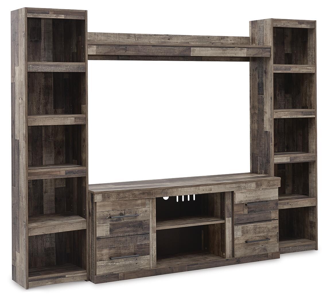 Derekson dark gray entertainment center with open frame, media shelf, and side bookcases