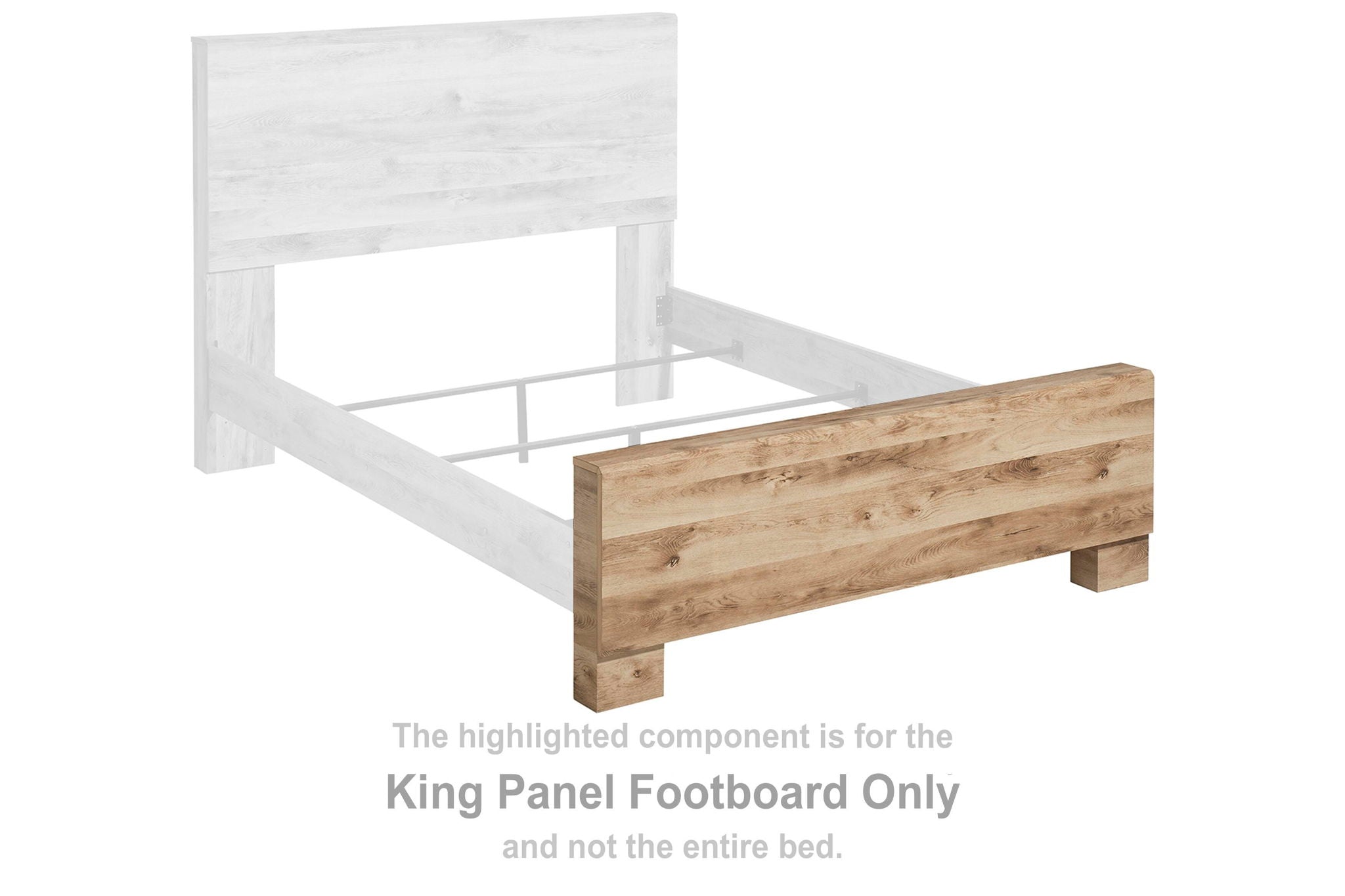 King panel footboard in tan brown wood with rectangular frame and panel details