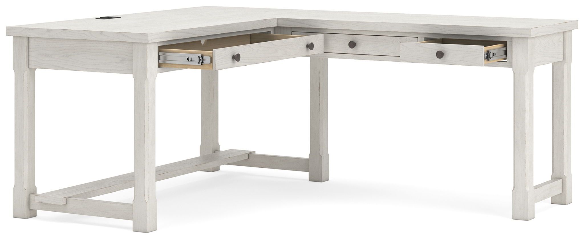 White corner desk with several drawers and open lower shelf beneath the tabletop
