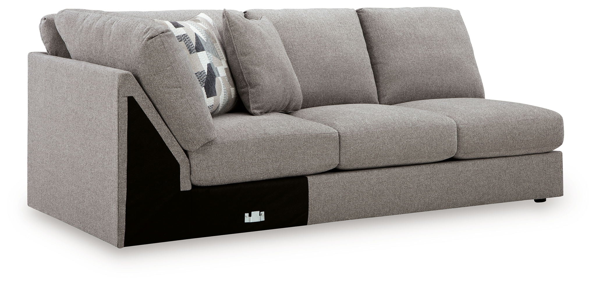 Smoke gray armless loveseat with wedge, boxy arms, black base, fabric upholstery