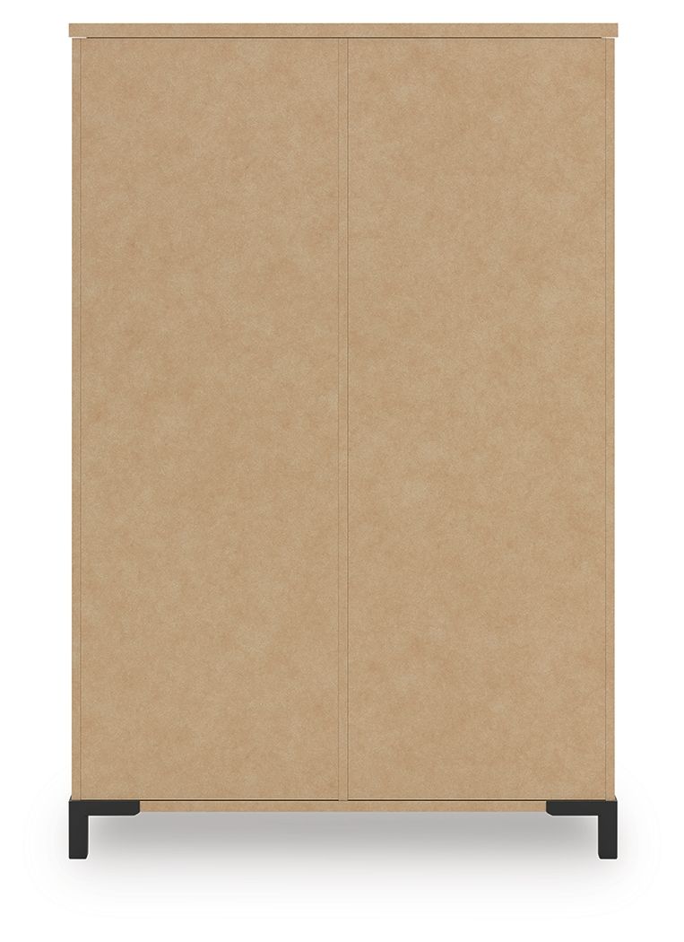 Upright cabinet back panel in light tan with two vertical seams and black feet