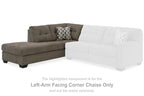 Left-arm facing brown corner chaise with patterned accent pillow