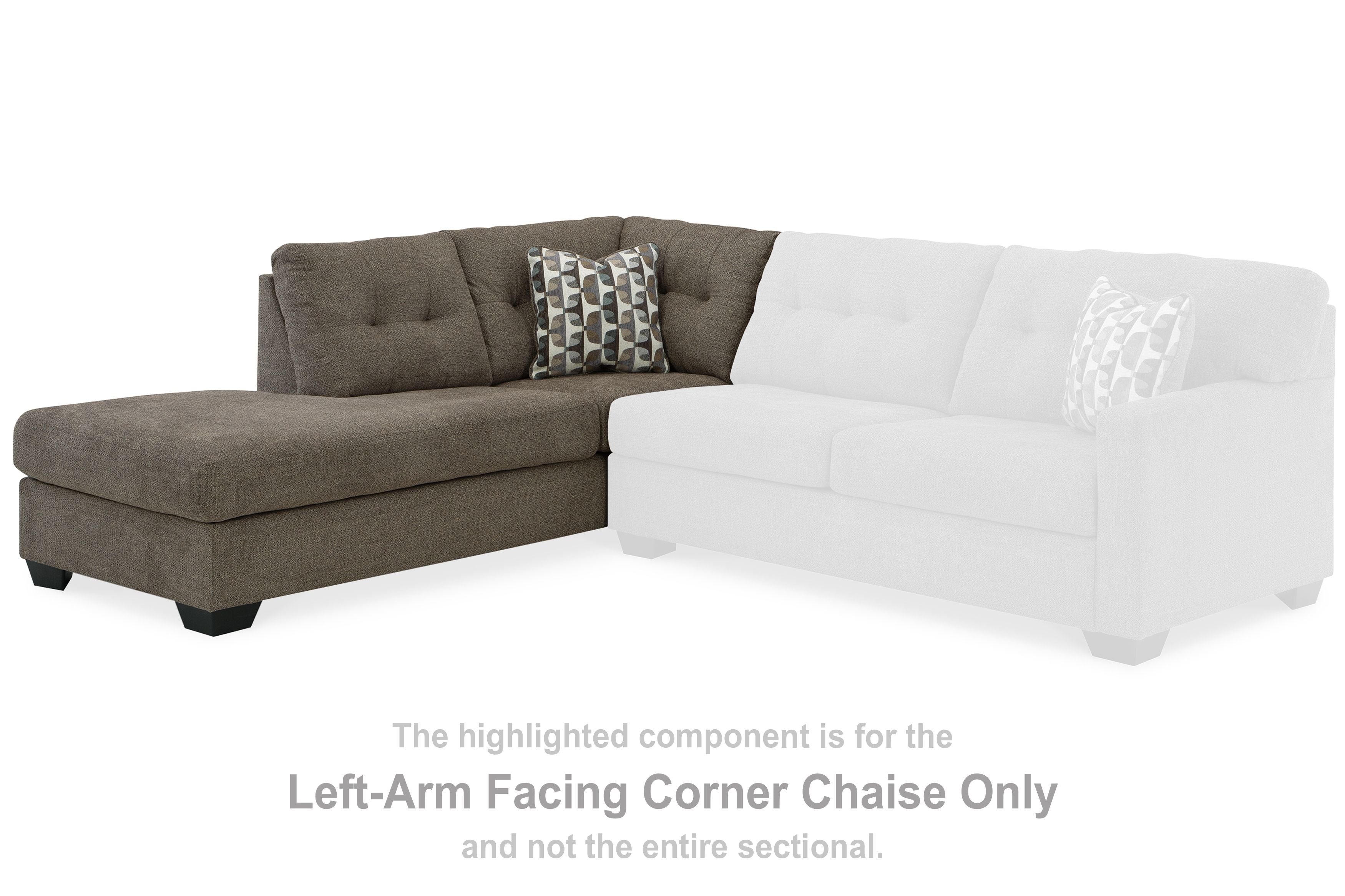Left-arm facing brown corner chaise with patterned accent pillow