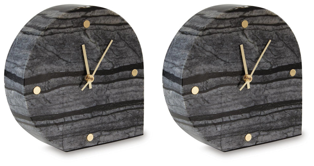 Black stone-look table clock set of 2 with gold-tone hands and markers