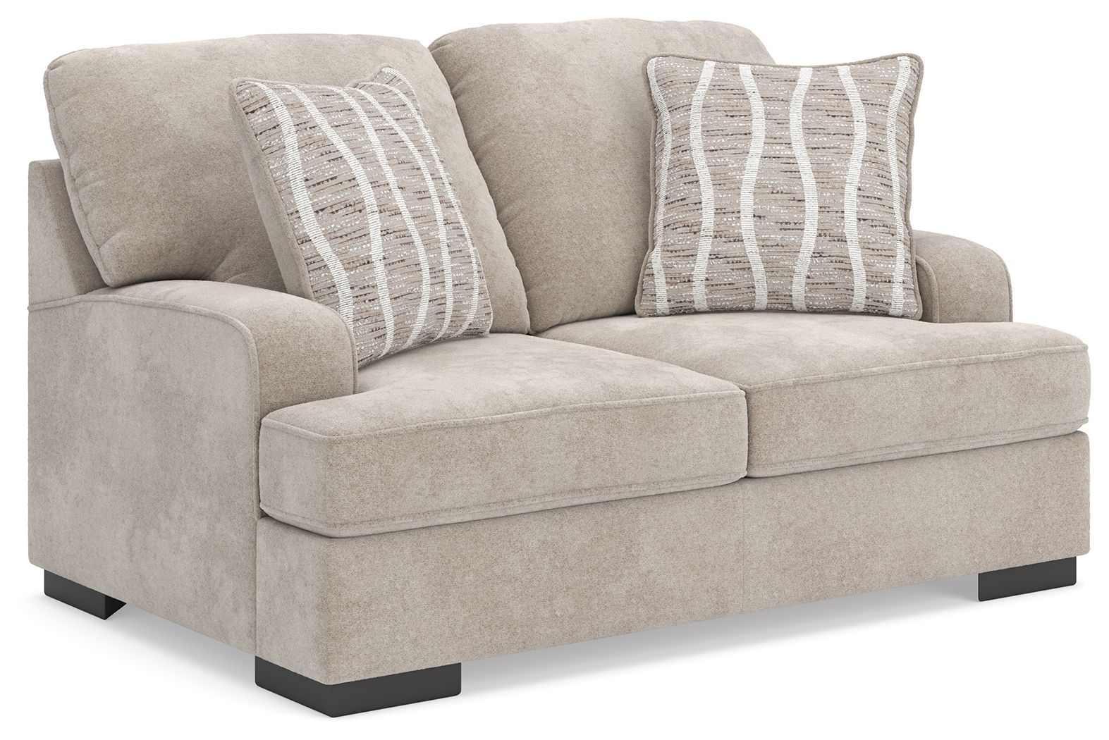 Taupe loveseat with curved back and two front seat sections, plus two striped lumbar pillows