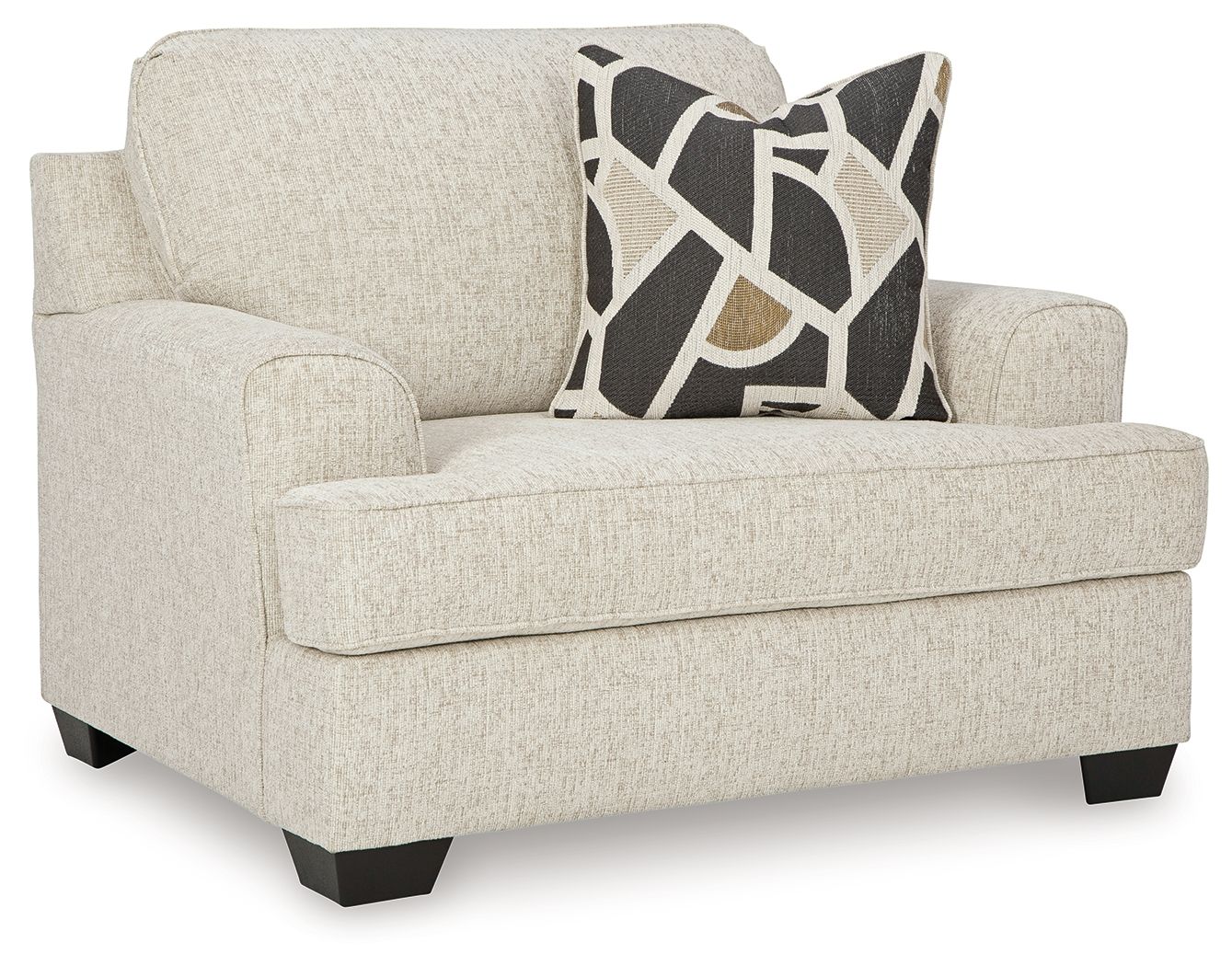 Beige upholstered loveseat with arms and dark geometric throw pillow