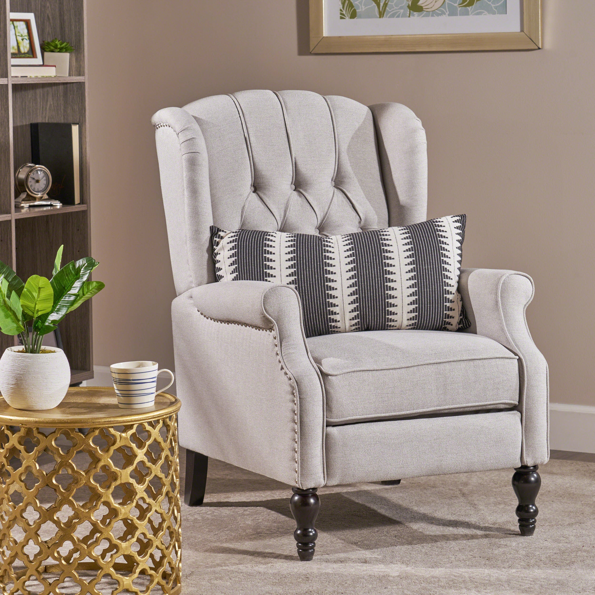 Light Grey Tufted Fabric Recliner Armchair
