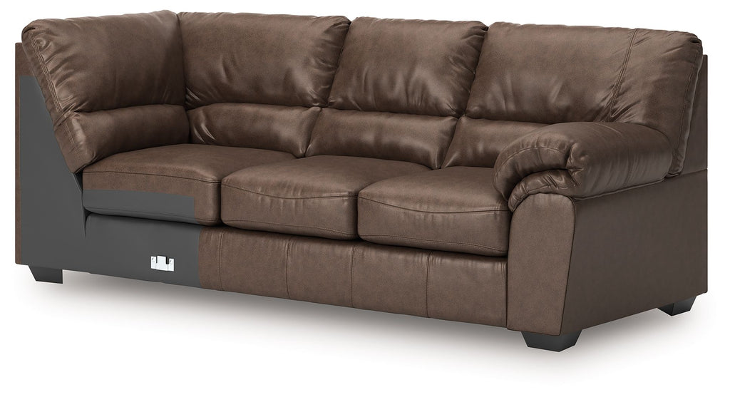 Umber brown corner wedge sofa with rounded arm and deep tufted back cushions