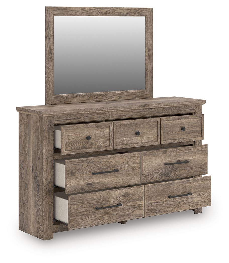 Light brown dresser with mirror and open drawer space
