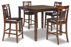 Brown counter-height table with four matching chairs and square tabletop