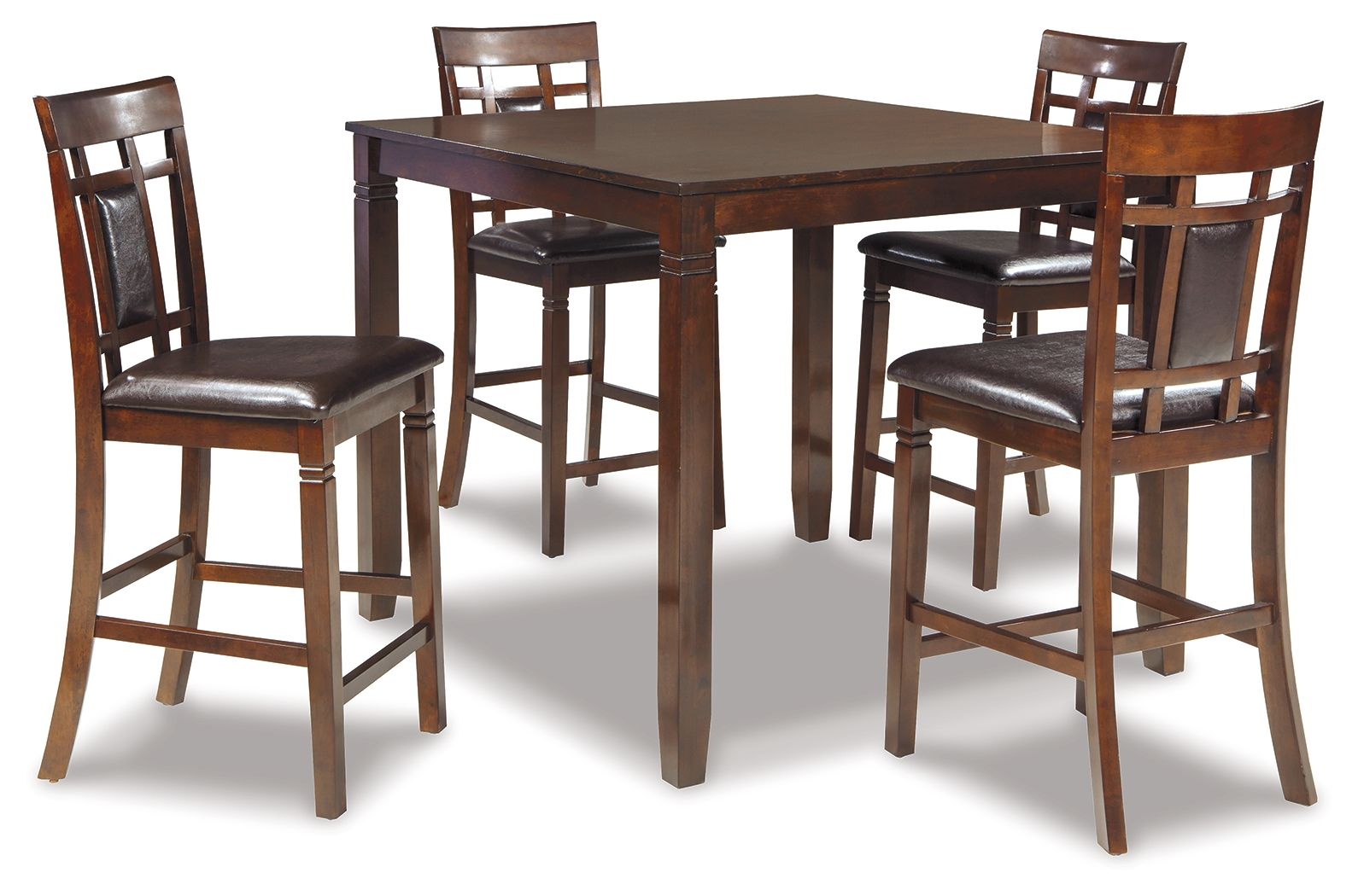 Brown counter-height table with four matching chairs and square tabletop