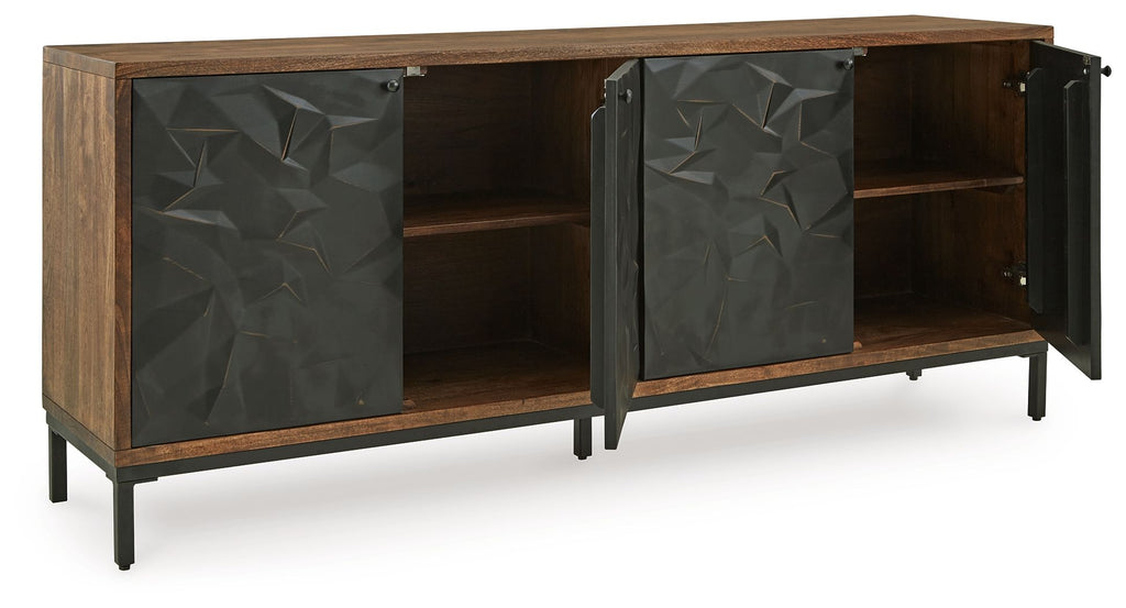 Accent cabinet with wood frame, open side shows shelves, and geometric black doors