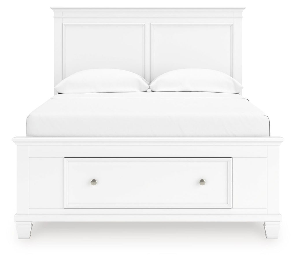 White panel bed with a single underbed drawer, curved pillows, and tall headboard