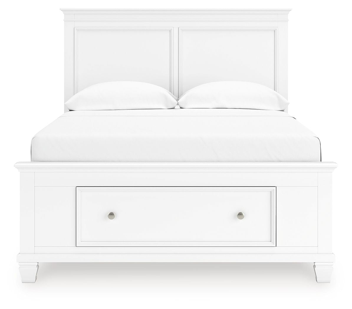 White panel bed with a single underbed drawer, curved pillows, and tall headboard