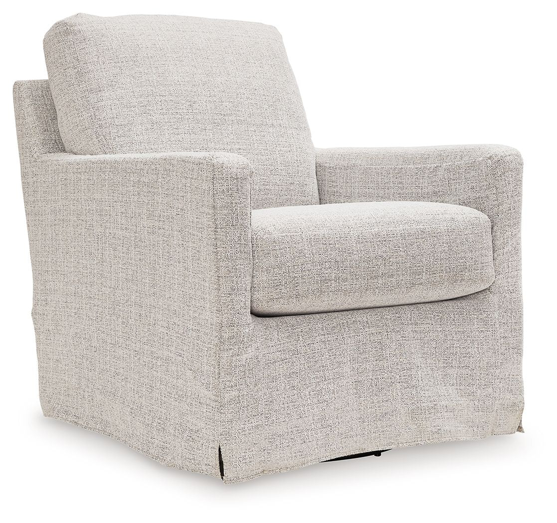 Pearl silver upholstered swivel glider accent chair with wide track arms and seat