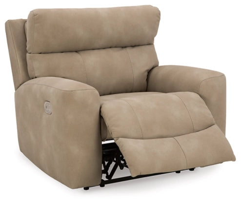 Sand beige recliner with adjustable headrest, front three-quarter view