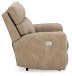 Sand beige recliner with adjustable headrest, side profile