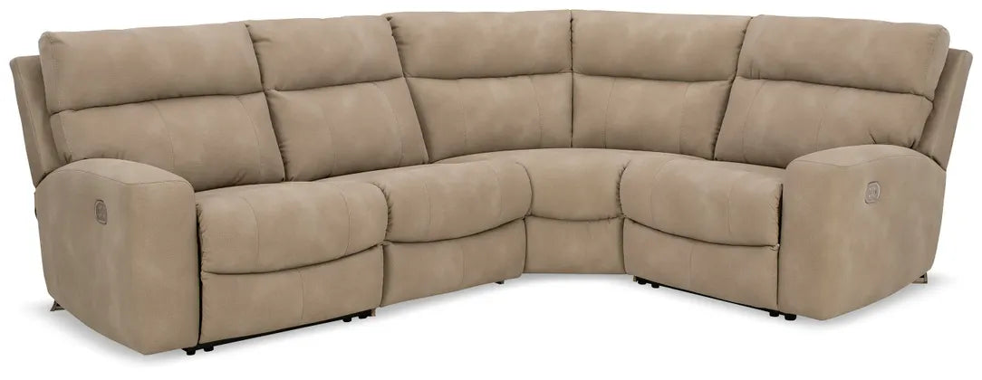 Power reclining sectional in light beige fabric with corner chaise and tufted back cushions