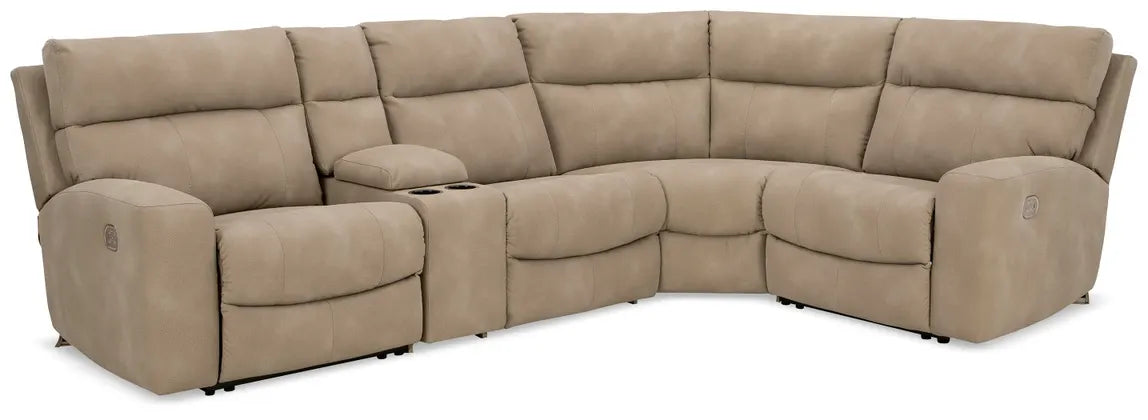 Power reclining sectional in light beige fabric with multiple seats and padded arm sections