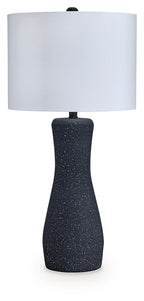 Black speckled metal table lamp with white fabric drum shade
