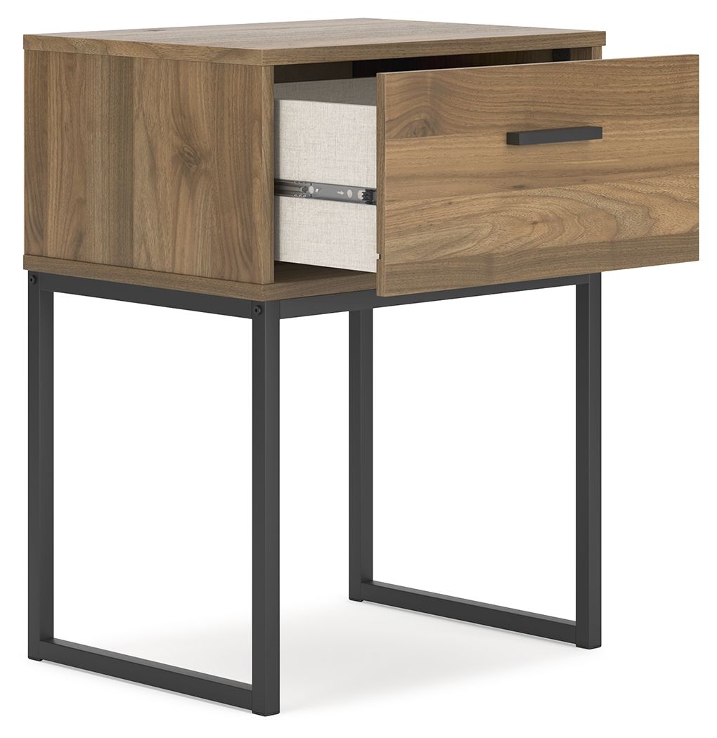 Honey one-drawer night stand with black metal frame and open drawer with liner