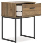 Honey one-drawer night stand with black metal frame and open drawer with liner