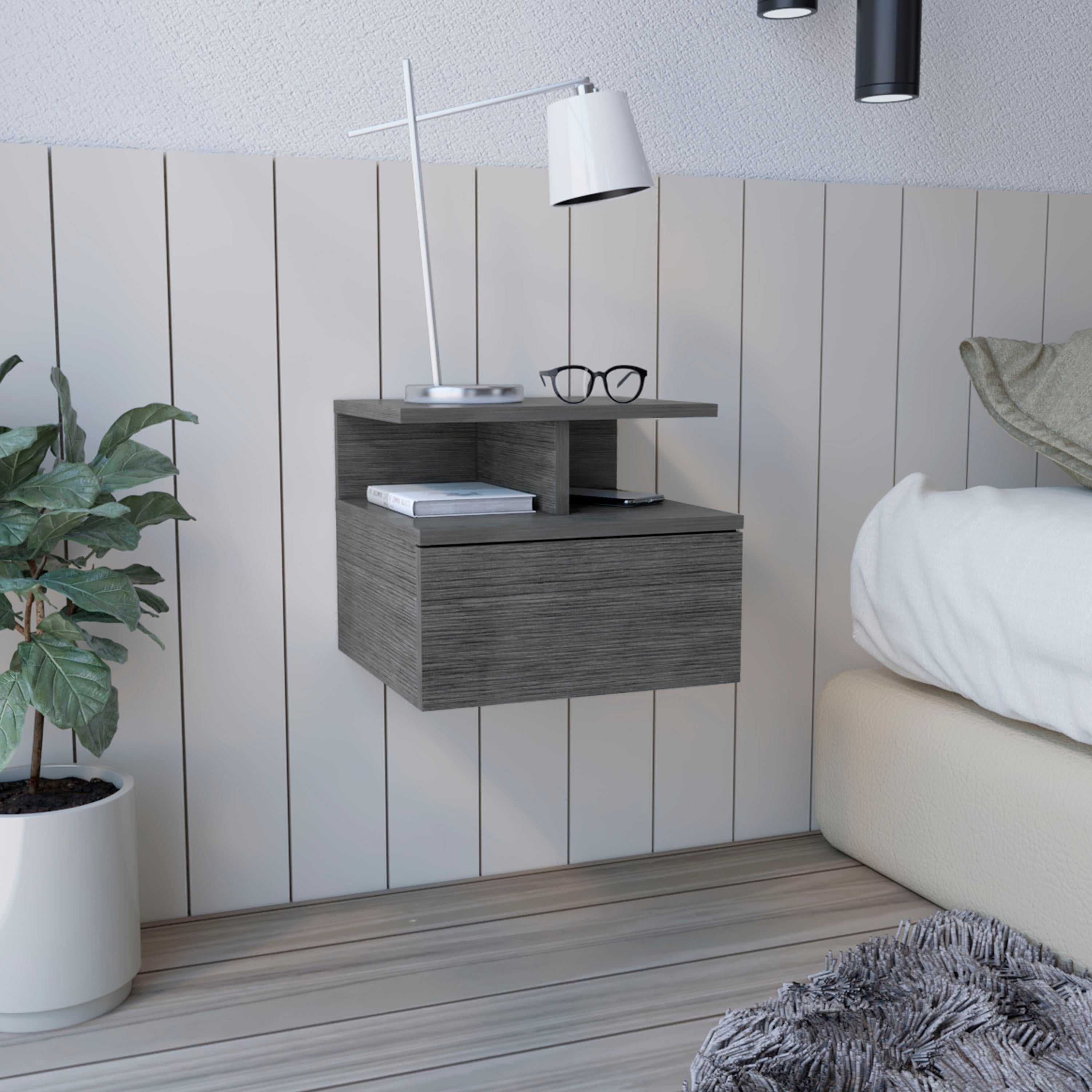 Floating Nightstand Adele: Drawer & Open Storage Shelves