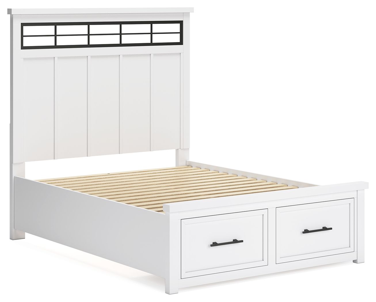White panel storage bed with slatted platform and two front storage drawers