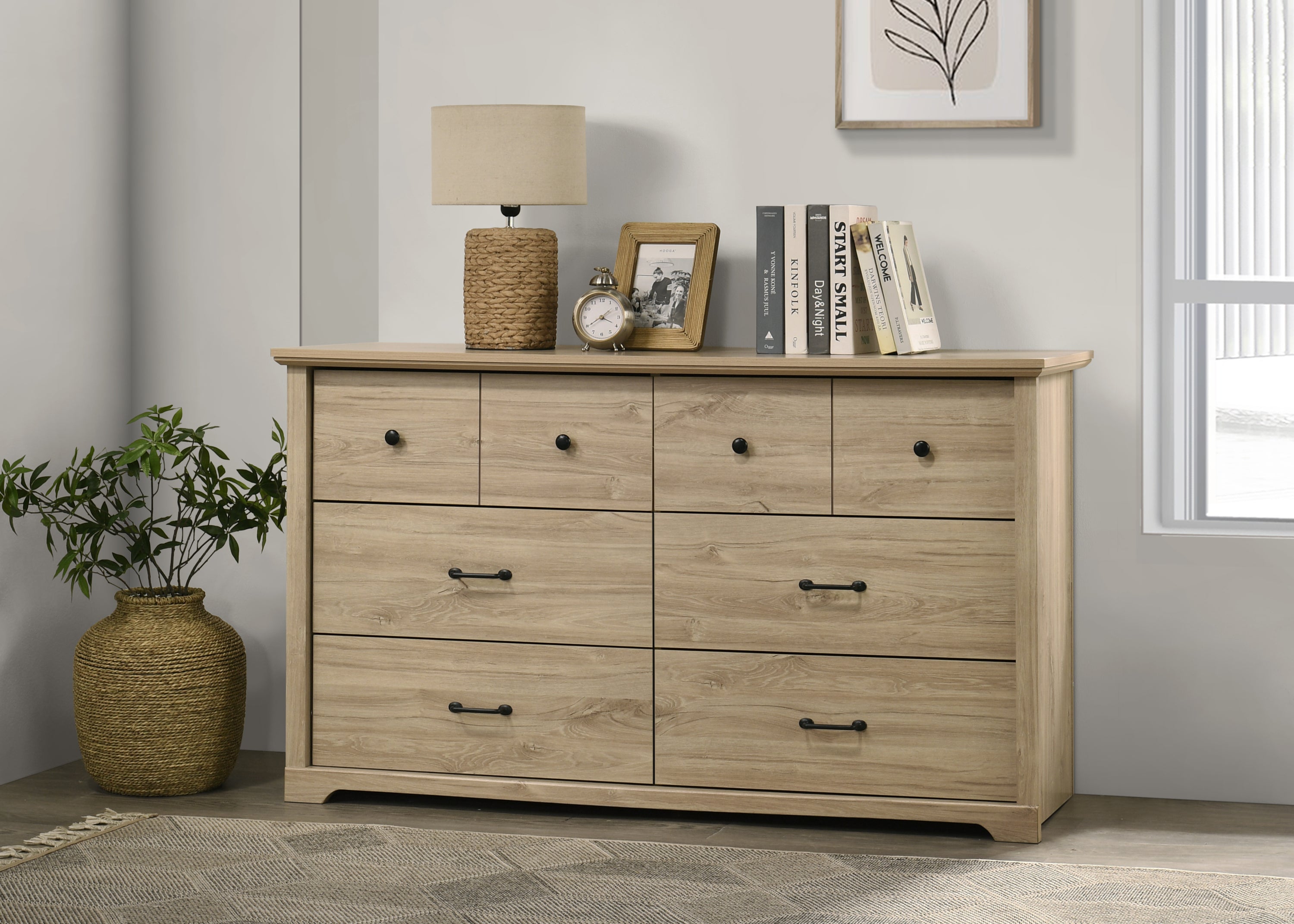 57" Elara Light Oak 6-Drawer Dresser, Black Handles