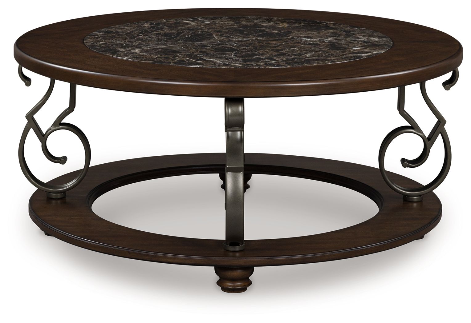 Dark brown round cocktail table, marble inset top, wrought-iron base with scroll accents