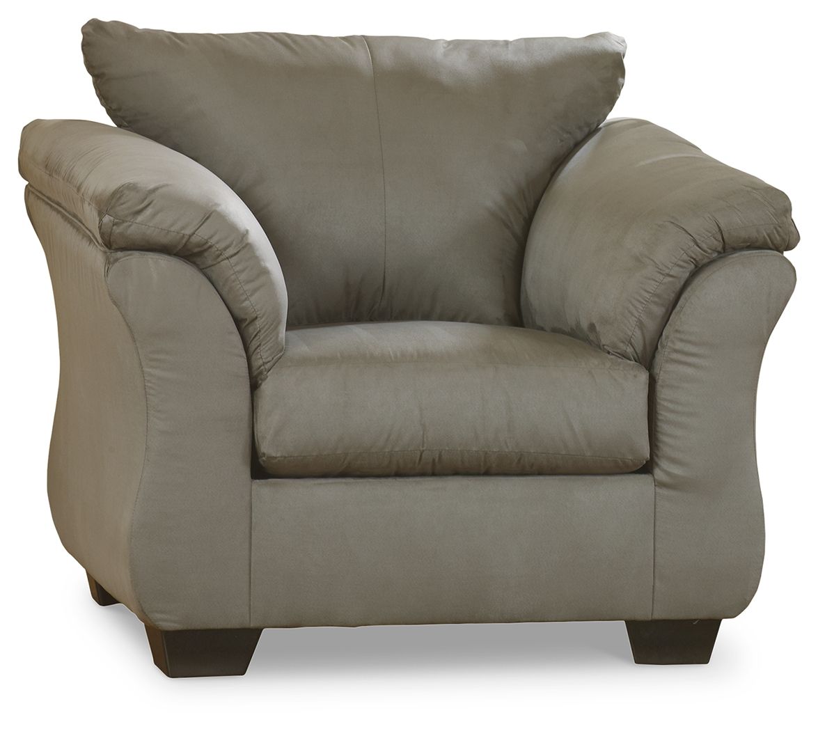 Light gray arm chair with rolled arms, plush back cushion, and wide seat