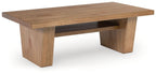 Rectangular light-brown wood cocktail table with open shelf under the top