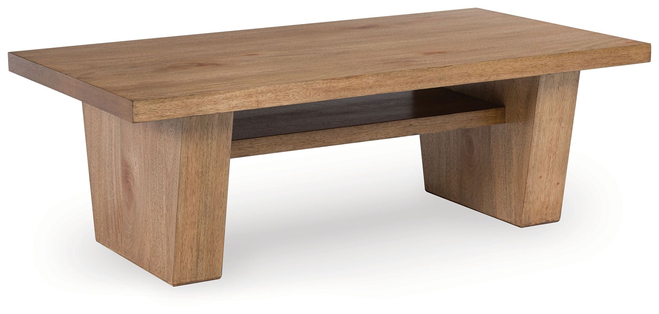 Rectangular light-brown wood cocktail table with open shelf under the top