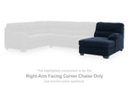 Navy right-arm corner chaise component with compact ottoman and rounded arm