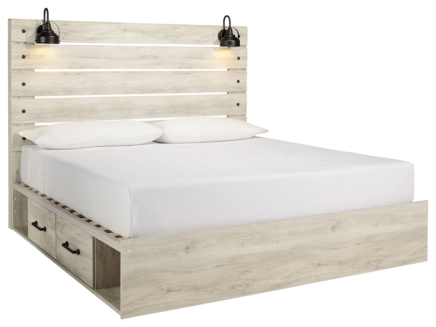Panel bed with beige light-wood frame, two front shelves with doors, white mattress.