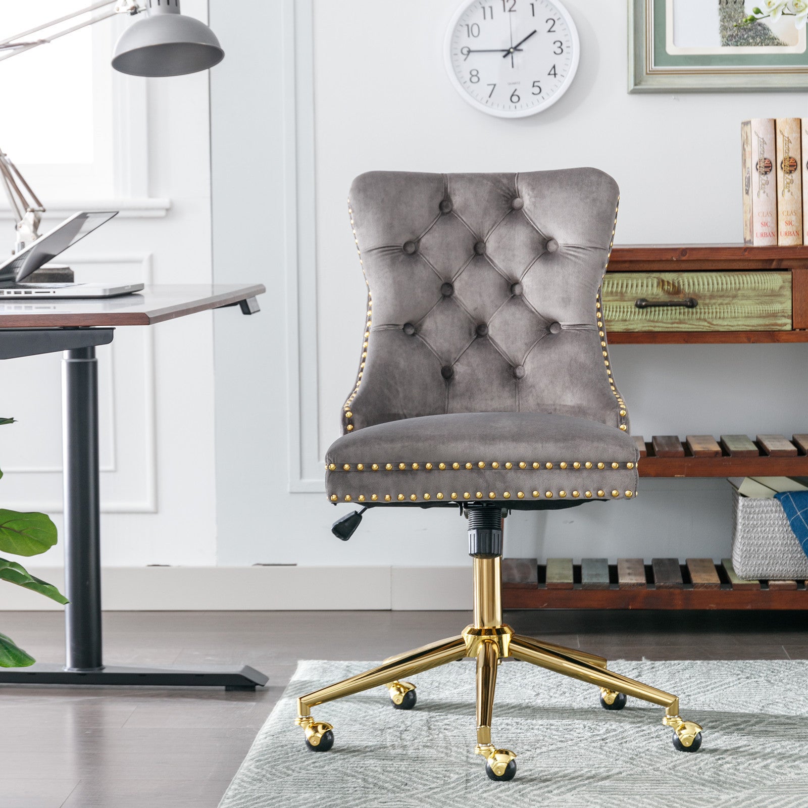 Velvet Tufted Office Chair w/ Gold Base- Gray