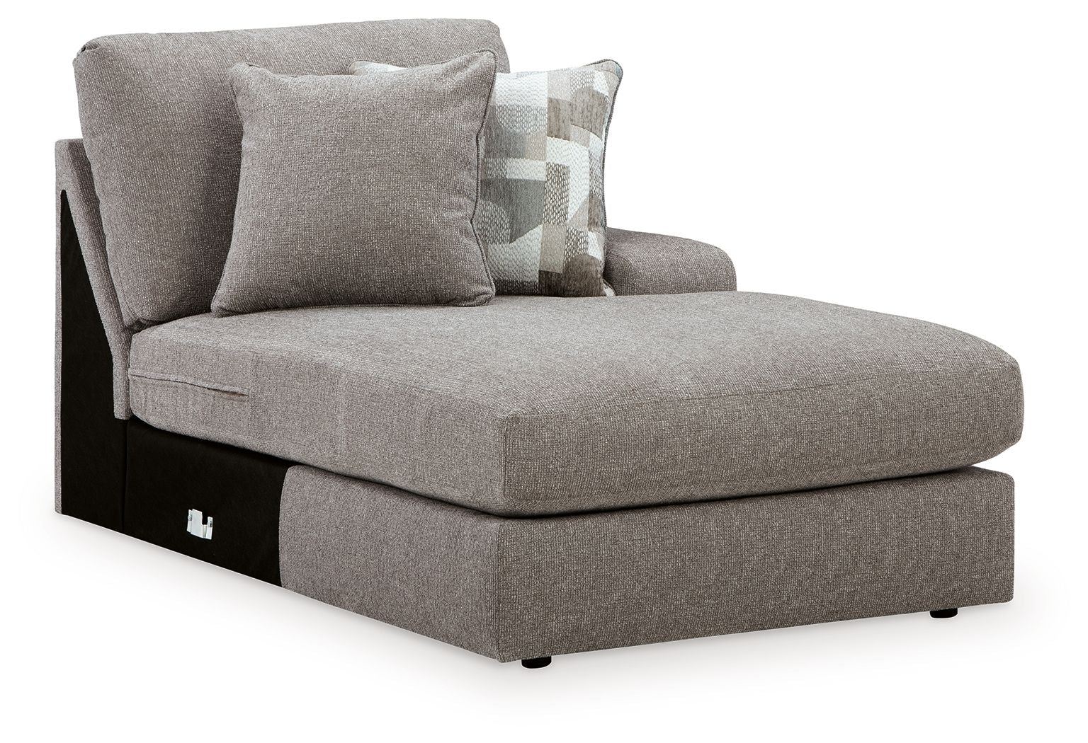 Smoke gray fabric corner chaise with wide seat and padded back cushions