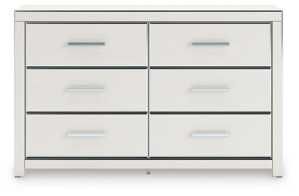 Six-drawer dresser in white finish with six drawers and silver bar handles.