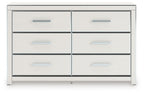 Six-drawer dresser in white finish with six drawers and silver bar handles.