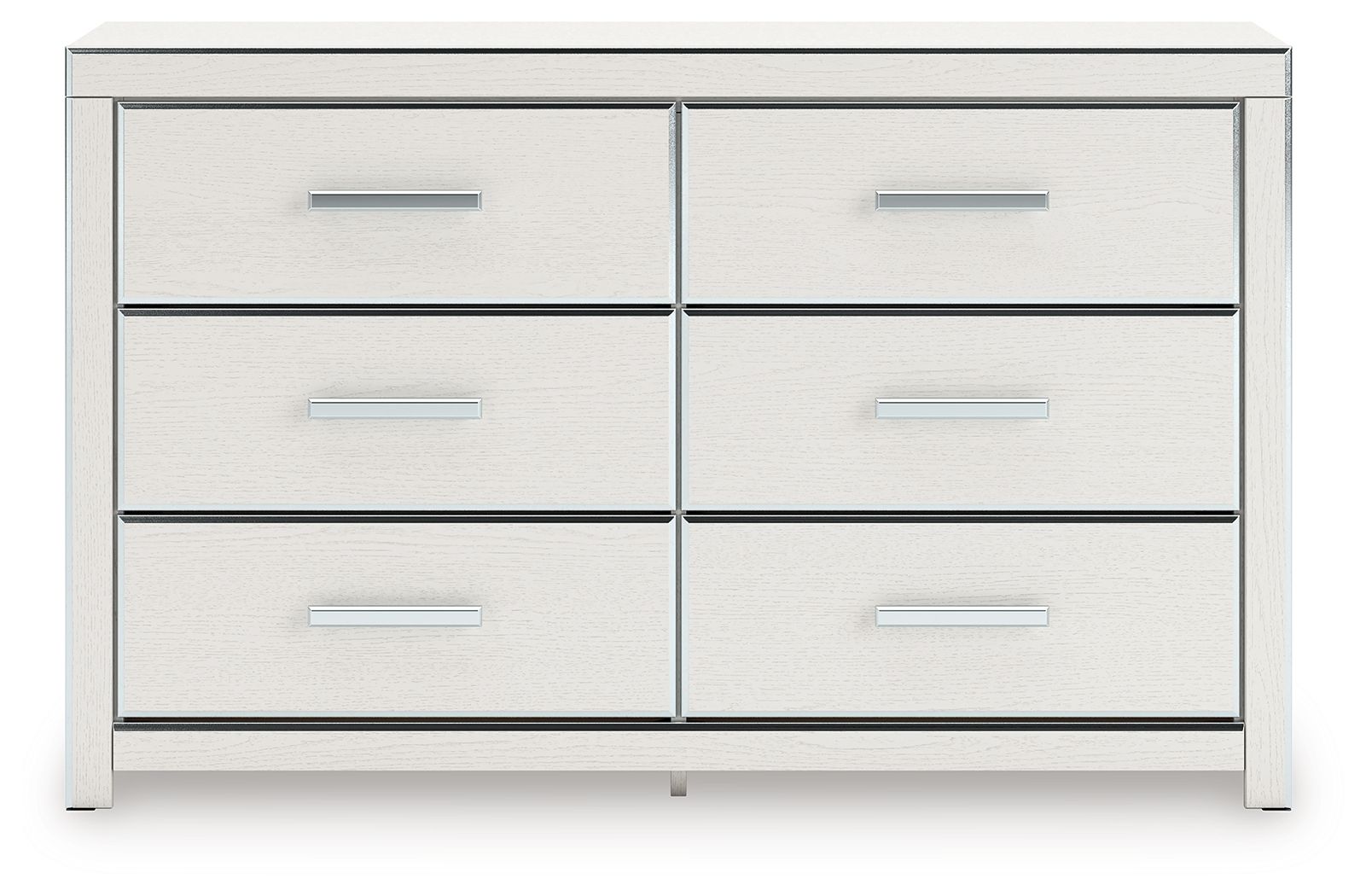 Six-drawer dresser in white finish with six drawers and silver bar handles.