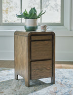 Brown wooden accent table with two-panel cabinet front and tapered legs